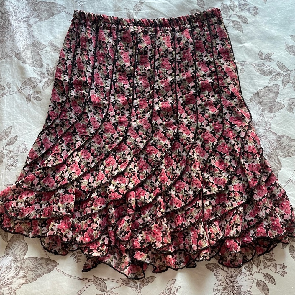 Asymmetrical‎ Pleated Y2K Ditsy Floral Pink Ruffle Mini Skirt Large Coquette